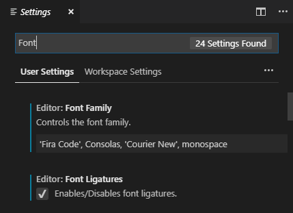A screenshot that shows how to enable ligatures in VSCode