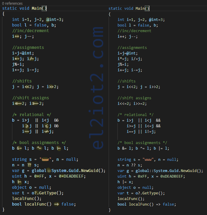 A side by side comparison of C# code with and without FiraCode ligatures